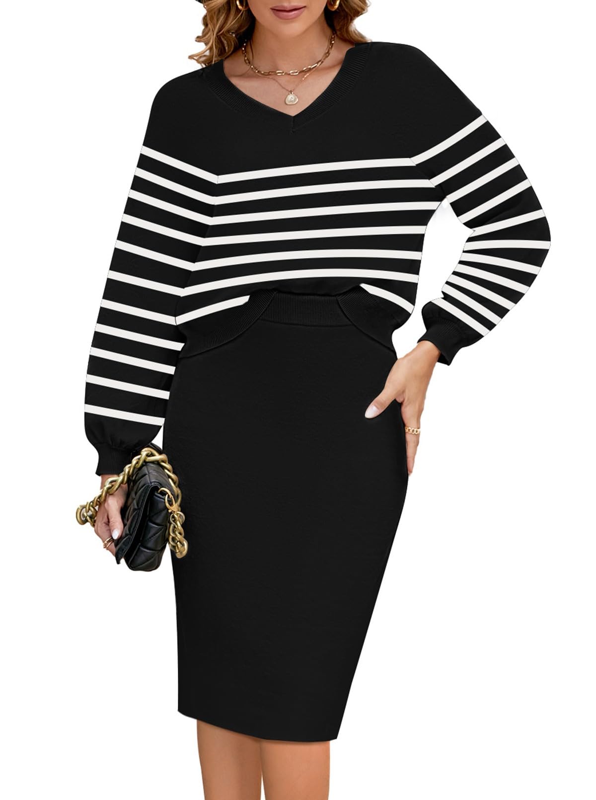 Pink Queen Womens 2 Piece Outfits Set Knit V Neck Batwing Long Sleeve Loose Top Bodycon Midi Skirt