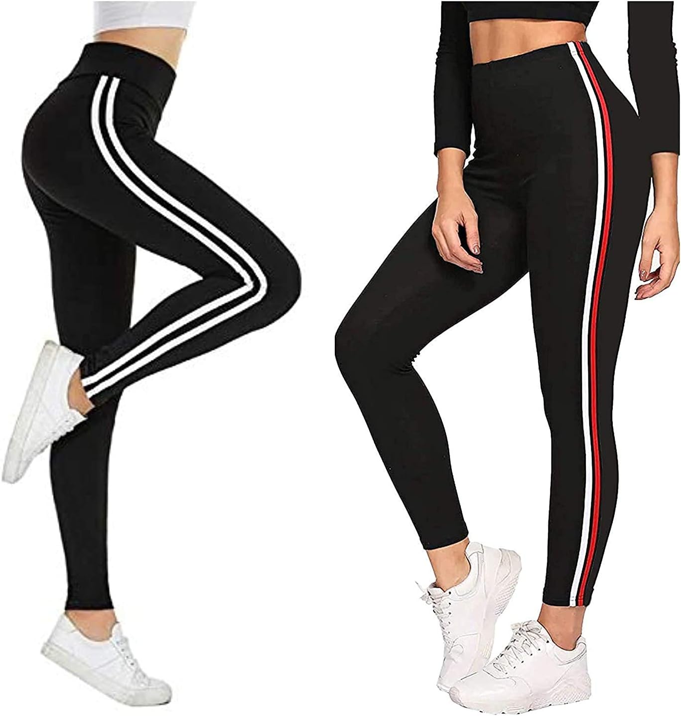 Gym wear Leggings Ankle Length Free Size Combo Workout Trousers | Stretchable Striped Jeggings | Yoga Track Pants for Girls & Women (Pack of 2-Free Size 28-34 Inch)