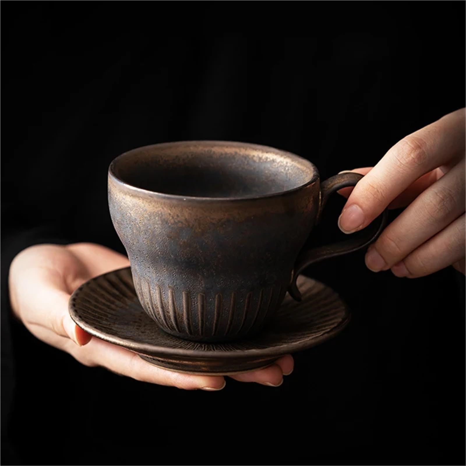 Kaffeetasse Untertasse Sets Vintage-Kaffeetassen aus Keramik mit Tablett und Henkel, Retro-Keramik-Kaffeetasse und Untertasse, Set mit Fotografie-Requisiten, Kaffeegeschirr-Tassen(B)