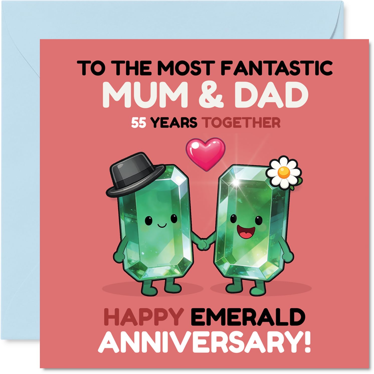 Milestone 55th Anniversary Card for Mum & Dad - Emerald Anniversary Magic - Two Adorable Gemstone Characters Hand in Hand - 145mm Square, Envelope Included