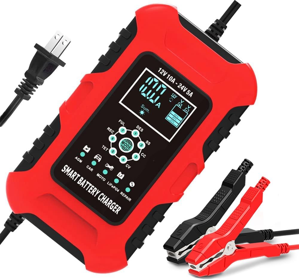 10-Amp LiFePO4 Battery Charger, 12V 24V Automatic Smart Battery Charger, Car Trickle Charger, Maintainer/Pulse Repair Charger for Automotive Motorcycle Lawn Mower Boat Lead-Acid AGM LiFePO4 Batteries