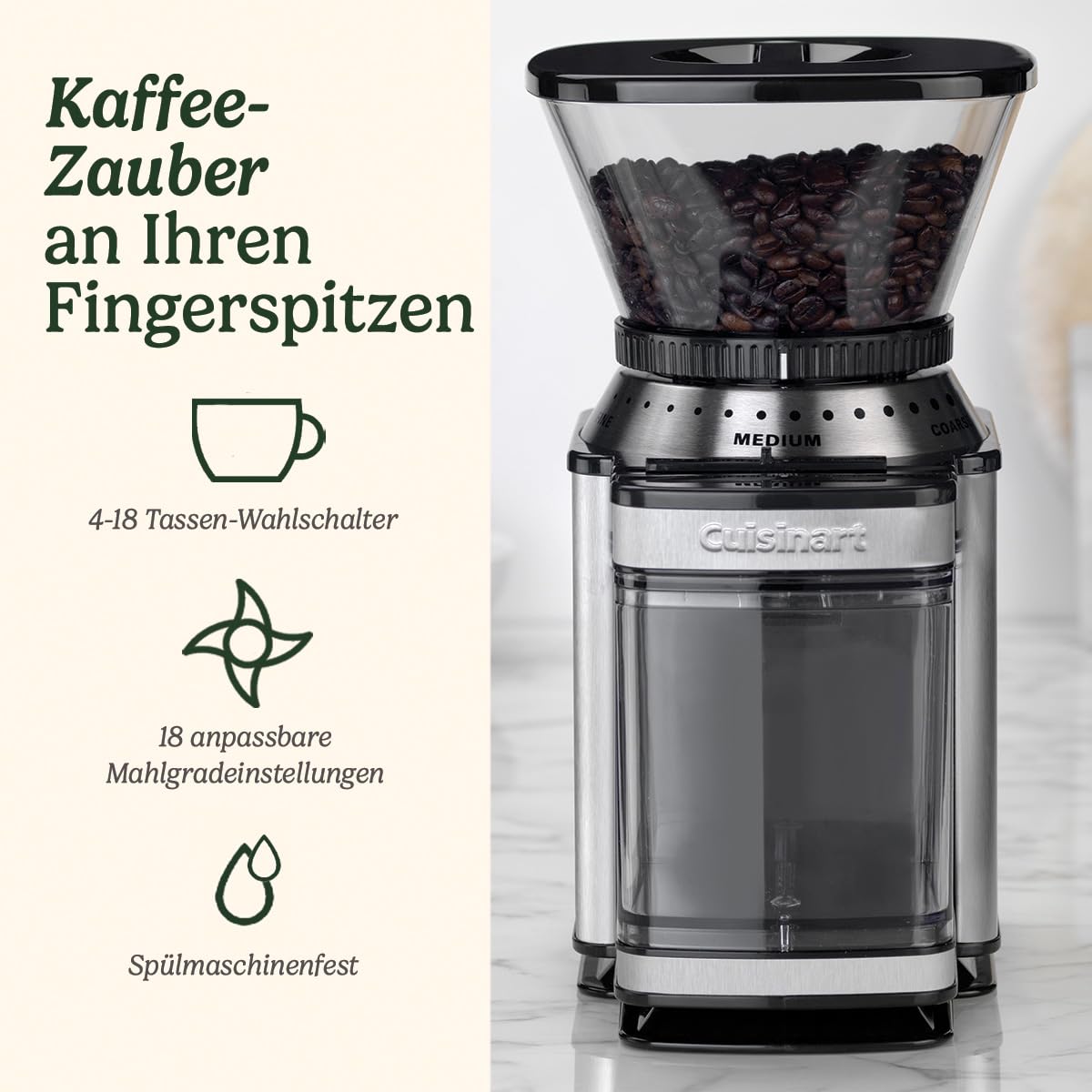 Cuisinart Kaffeemühle | Kaffeemühle für zu Hause | 4-18 Tassen | 18 Mahlgradeinstellungen | verschiedene Brühstärken - Espresso, Cold Brew, Latte, Cappuccino | spülmaschinenfest | einfach zu bedienen