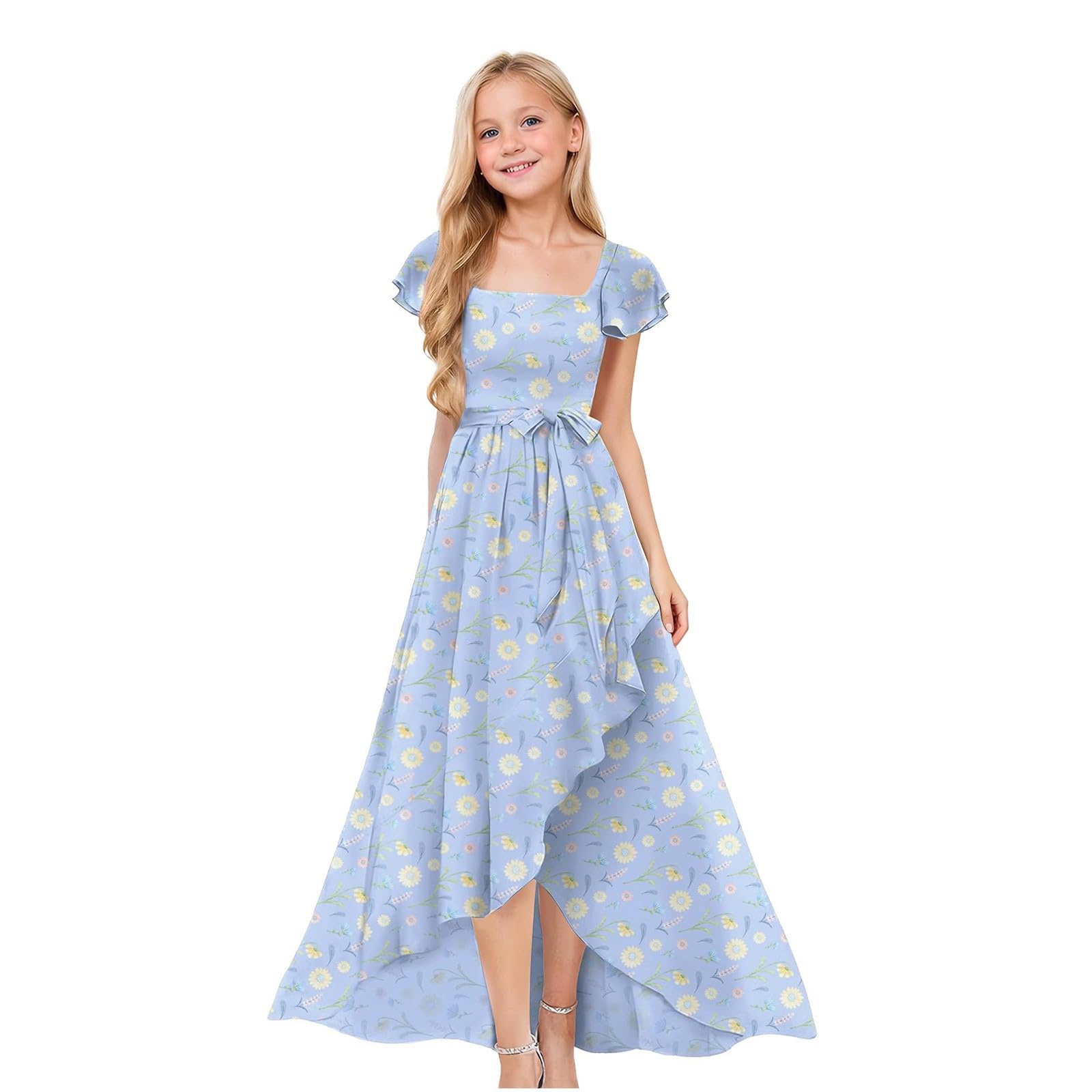 Vestito da ragazza con scollo quadrato alto e basso floreale