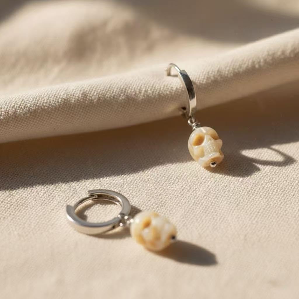 Dainty Skull Pearl Huggie Hoop Earrings, Hand Carved Freshwater Pearl Skull Dangle, 925 Sterling Silver Rhodium Plated, Gothic Minimalist Jewelry
