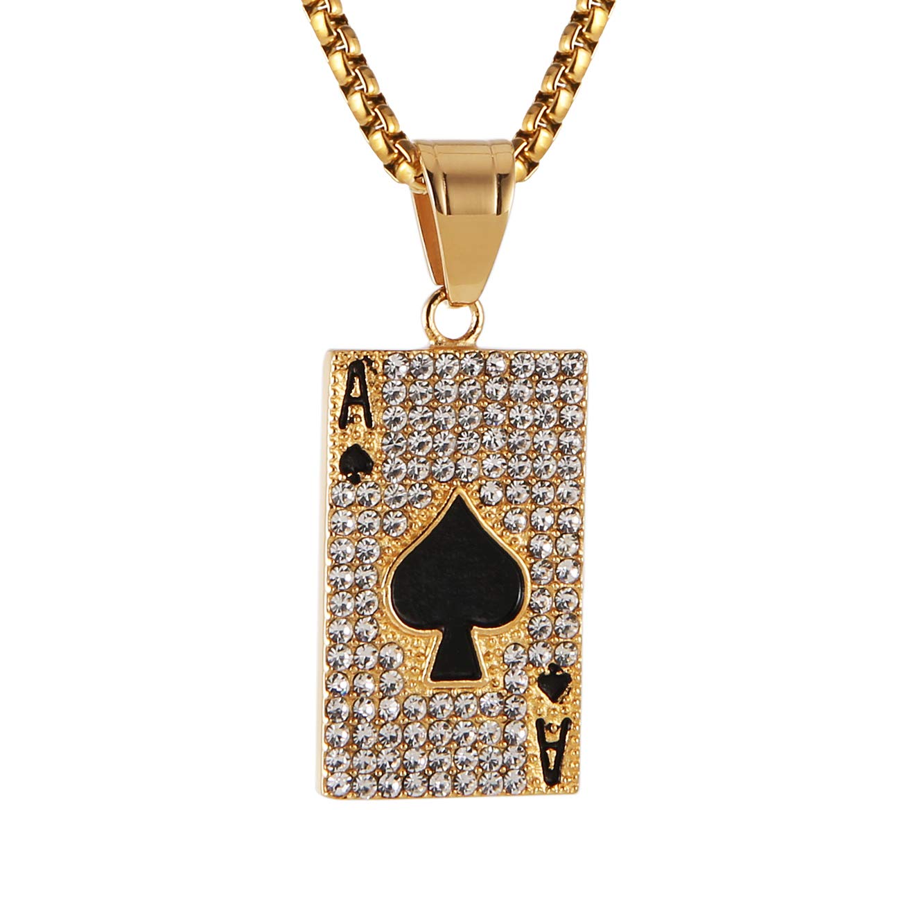 AsAlways 18K Gold Plated Playing Card Necklace for Men Stainless Steel Ace of Spade Royal Flush Necklaces Casino Bar Jewelry Gift