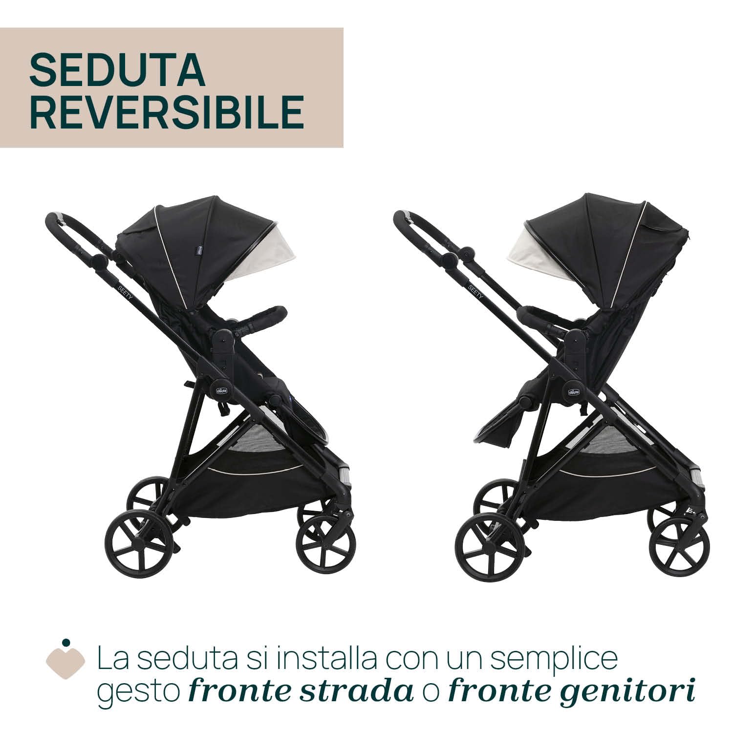 Chicco Trio Seety, Comprende Passeggino Seety con Telaio Ultraleggero, Navicella Ampia e Imbottita e Seggiolino Auto Kory Essential I-Size, Sistema Modulare Leggero e Compatto, 0 Mesi - 4 Anni