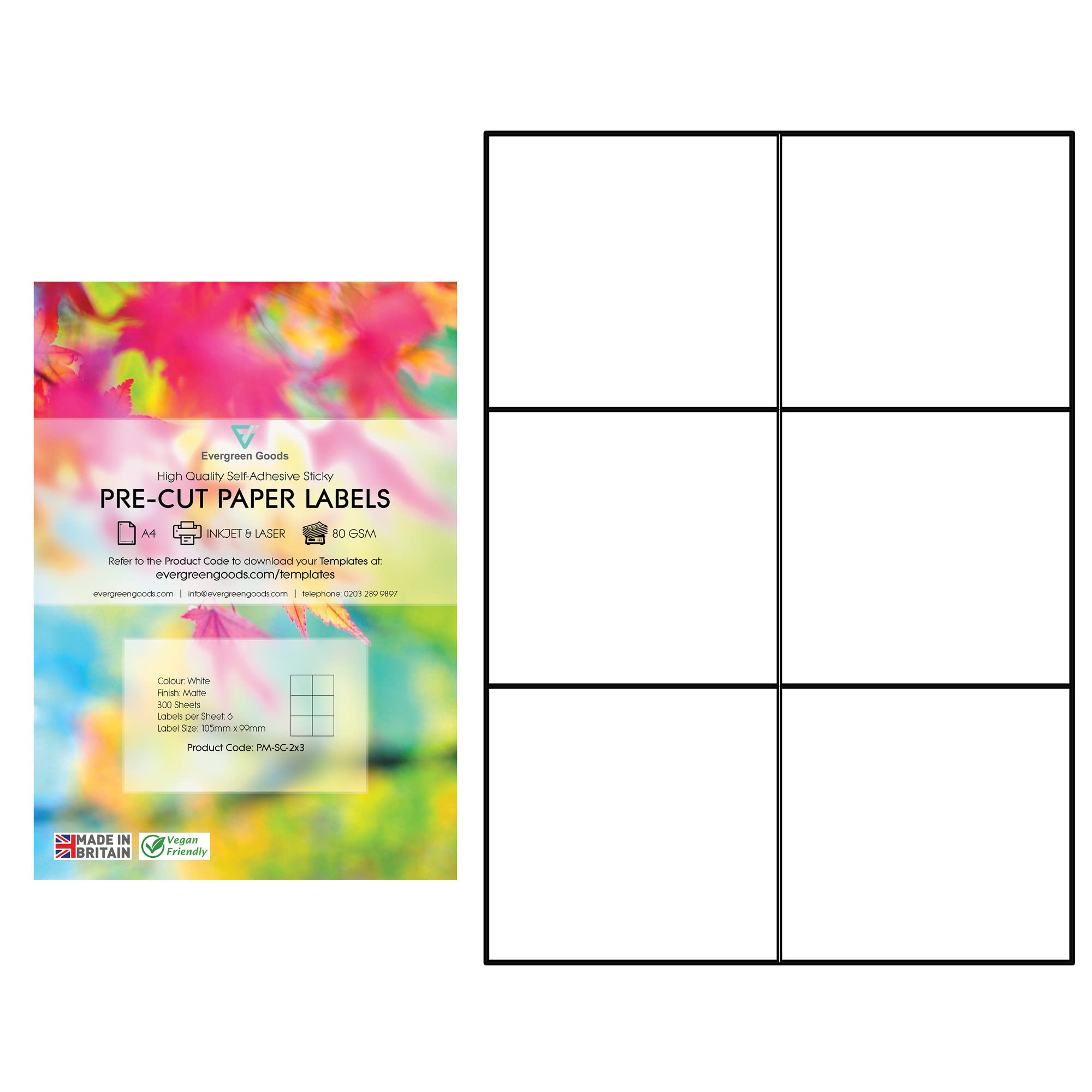 Evergreen Goods A4 Precut Matte White Self Adhesive Paper | Inkjet & Laser Printable | Strong Sticky Back Multi Purpose Printing Labels | 2x3, 6 per A4: 1,800 Labels in Total | 300 Sheets