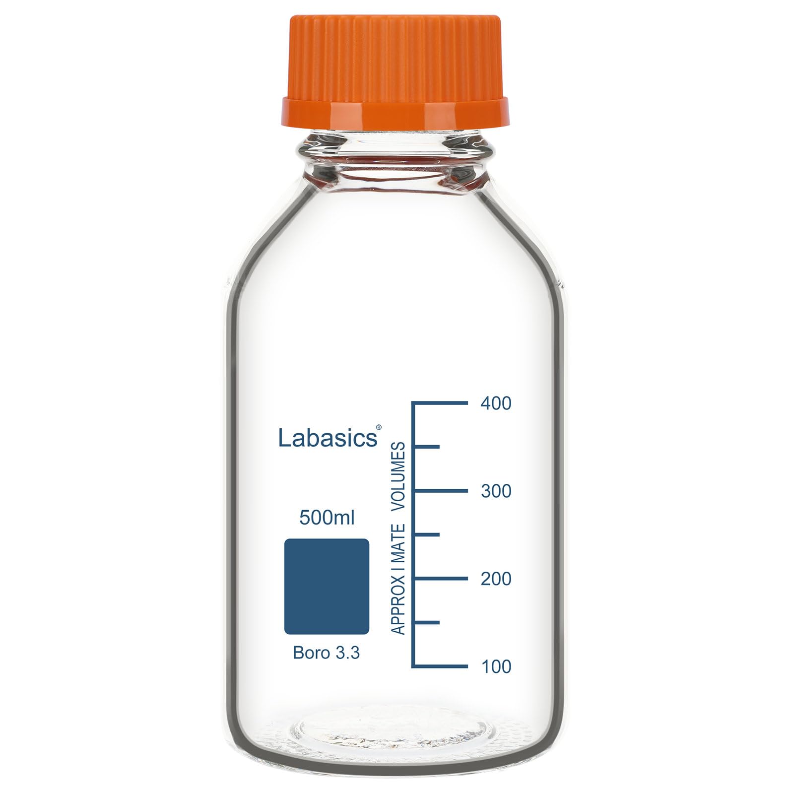 Labasics Orange Borosilicate Glass Media Storage Bottle With Gl45 Cap, For Laboratory Storage, 1 Pack, 500 Ml