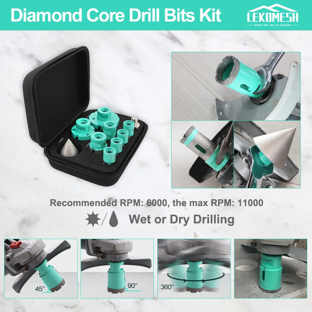 Diamond Hole Saw Kit - 10pcs (6/6/8/25/50/68mm + 10mm Diamond Finger Cutter + 35mm Drilling Cutter + 50mm Chamfer Cutter + Adapter) for Porcelain, Ceramic Tiles, Marble, Granite