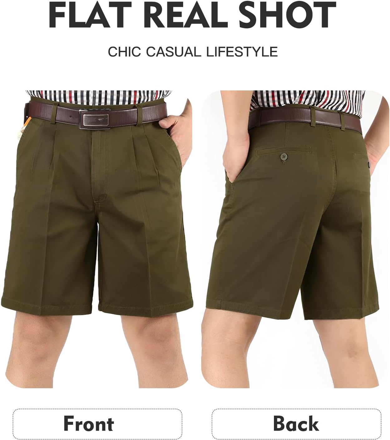 Flygo Men's Classic Fit 7'' Inseam Chino Oxford Shorts Pleated Flat Golf Shorts - Image 4