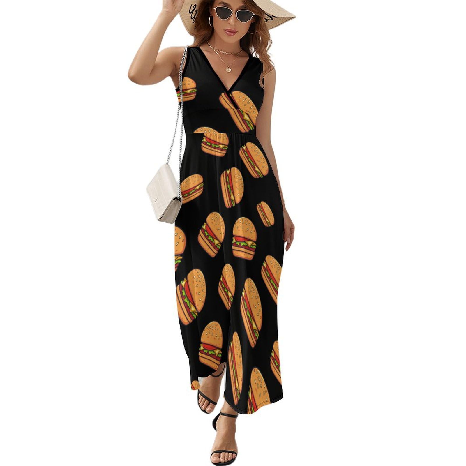 Hamburger Women's Sleeveless Dress V Neck Flowy Hem Sundresses Summer Beach Maxi Dress