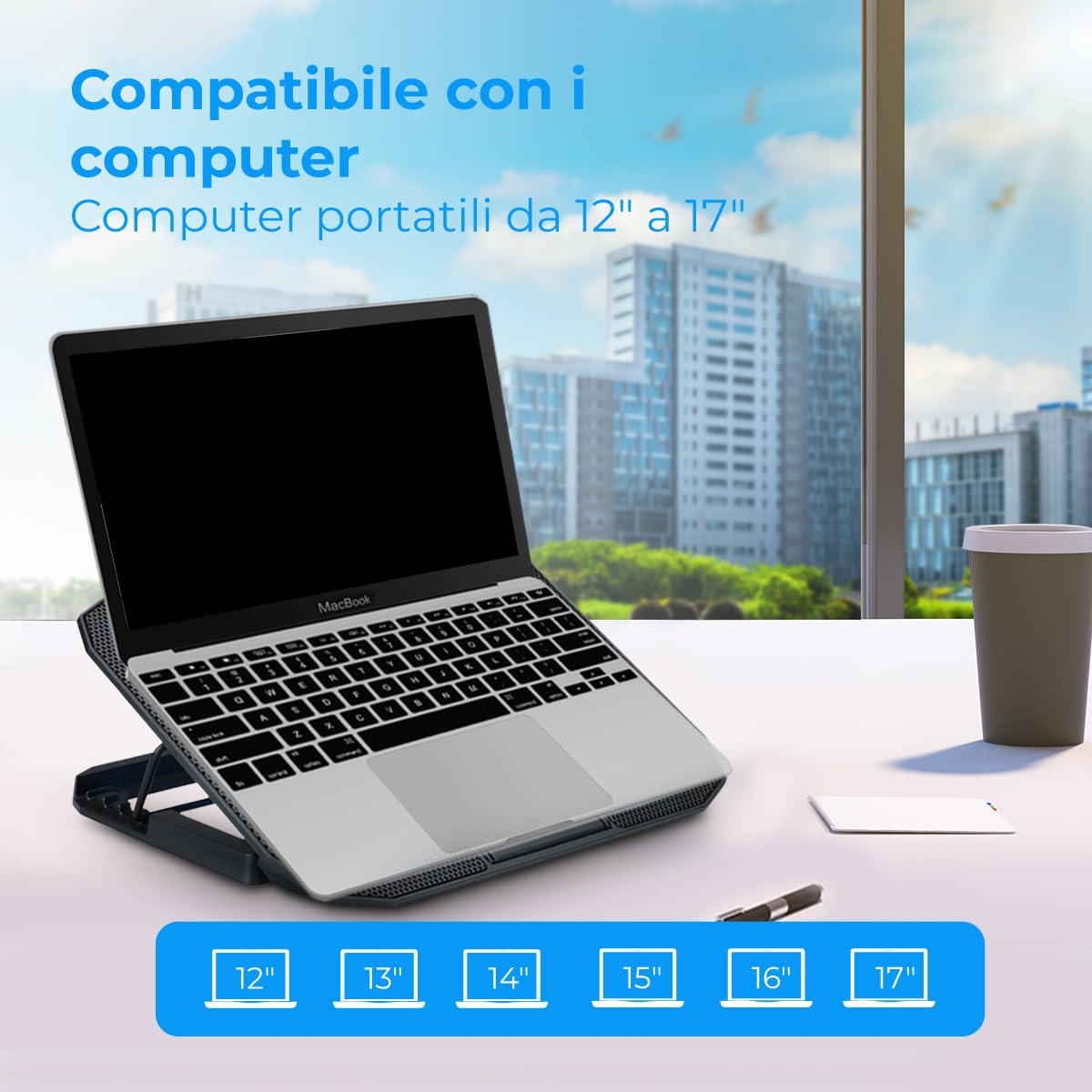 NK Laptop Cooler Stand Ventola per computer portatili 12-17 pollici 5 supporti regolabili 2 ventole silenziose 2 porte USB raffreddamento rapido LED blu nero