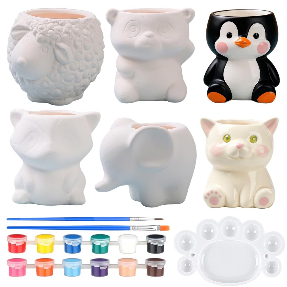 HIULLEN Paint Your Own Ceramic Planter, 21 Pcs Cute Pottery Painting Kit, 6 Sets Paintable Succulent Plant Pots for Kids Adults Desk DIY Activity Home Decor