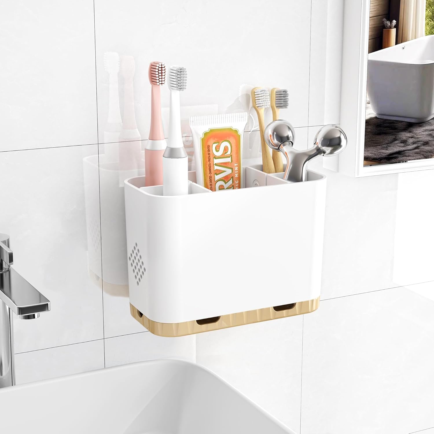 5 Slots Detachable Toothbrush Holder Set - for Bathroom Countertop, White and Gold