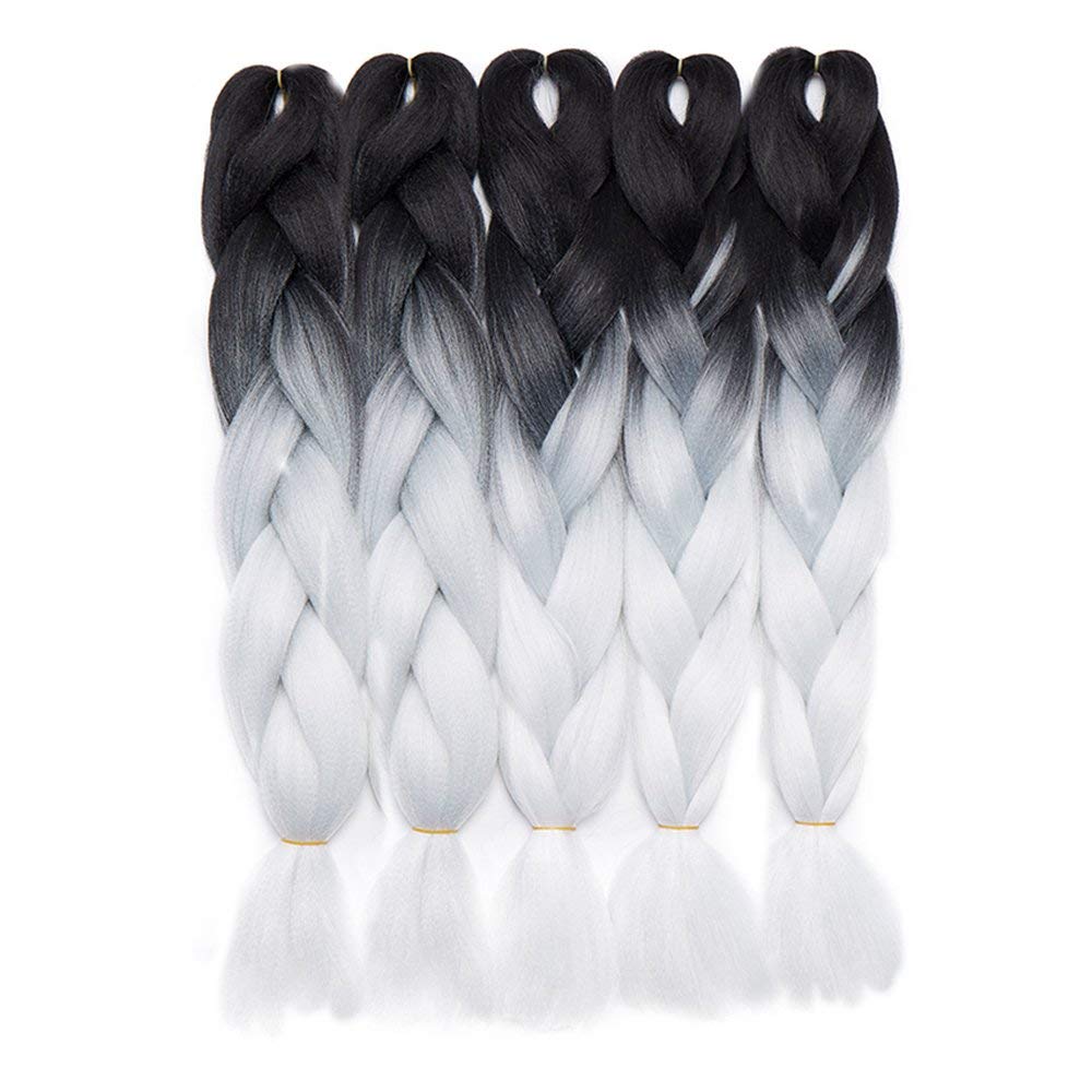 24"(60cm) SEGO 5PCS Extensiones de Pelo Sintético para Trenzas Africanas [Negro a Blanco] Cabello Se Ve Natural Crochet Braiding Hair (500g)