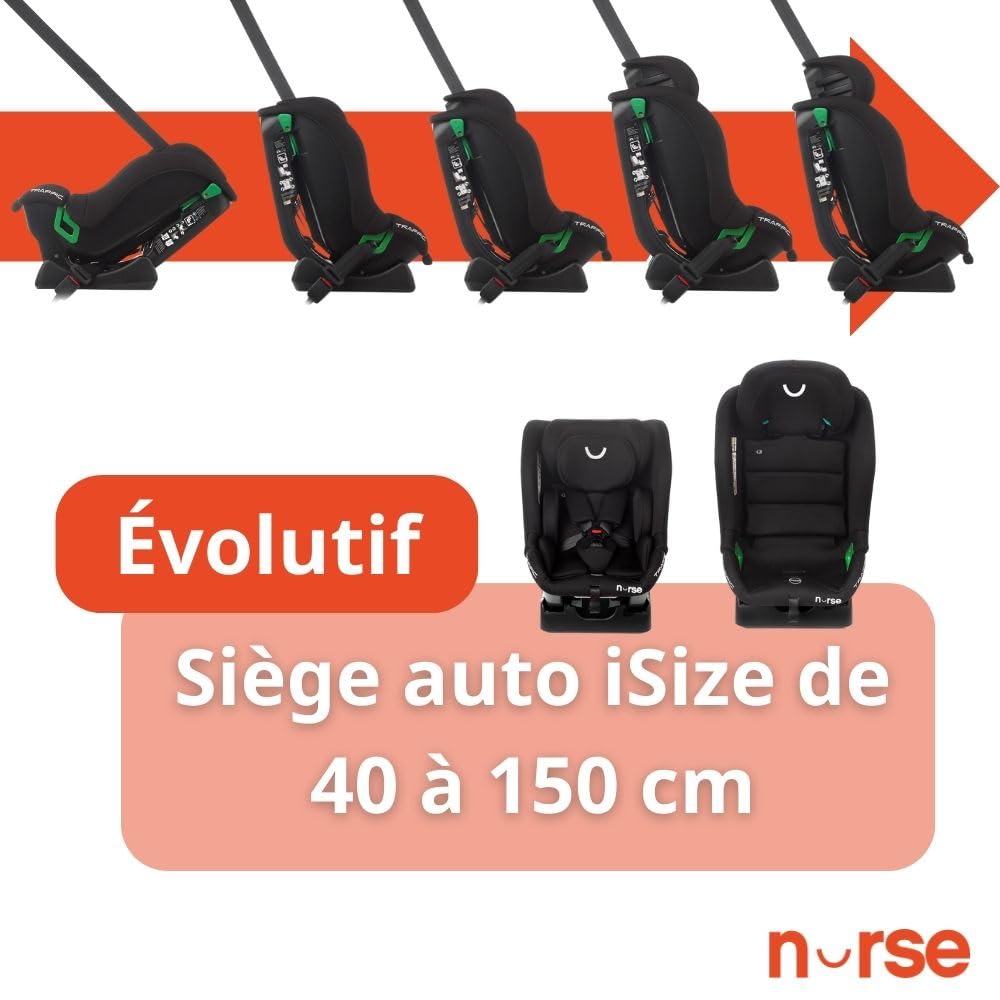 Nurse Traffic Siège Auto i-Size 40-150 cm, 0-12 Ans, Sans Isofix, Dos Route, Inclinable, avec Réducteur, Installation Ceinture, Gris