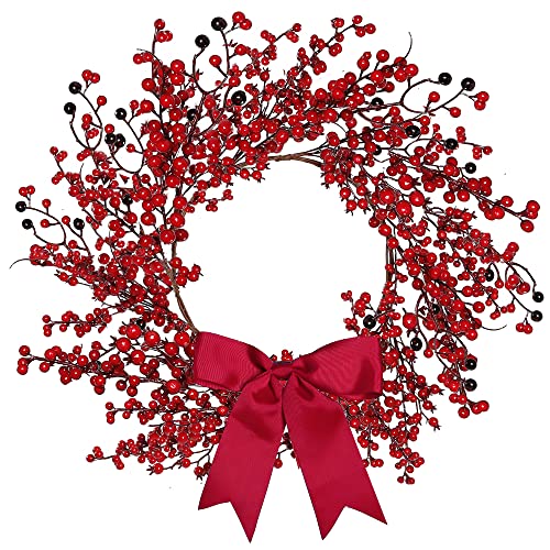 Sggvecsy Corona artificial de Navidad de 18 pulgadas, corona de bayas rojas, hecha a mano, corona de invierno con lazo, decoración de Navidad para puerta...