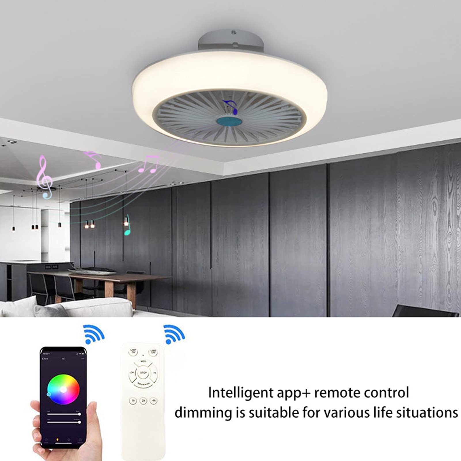 Plafoniera VOMI Con Ventilatore Invisibile E Altoparlante Bluetooth, LED RGB Dimmerabile 72W, Telecomando E App, Colore Bianco Oro, Diametro 50 Cm