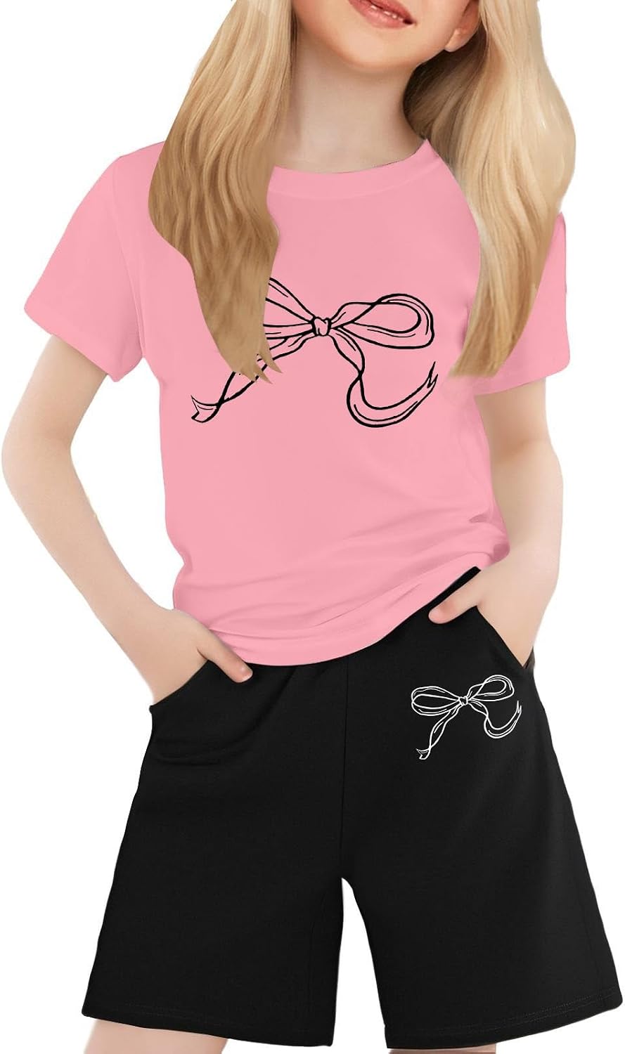 Kids Girls Bow Graphic Short Set Cute Short Sleeve Crew Neck Tees and Elastic Waisted Short 2 Piece Trendy Outfits