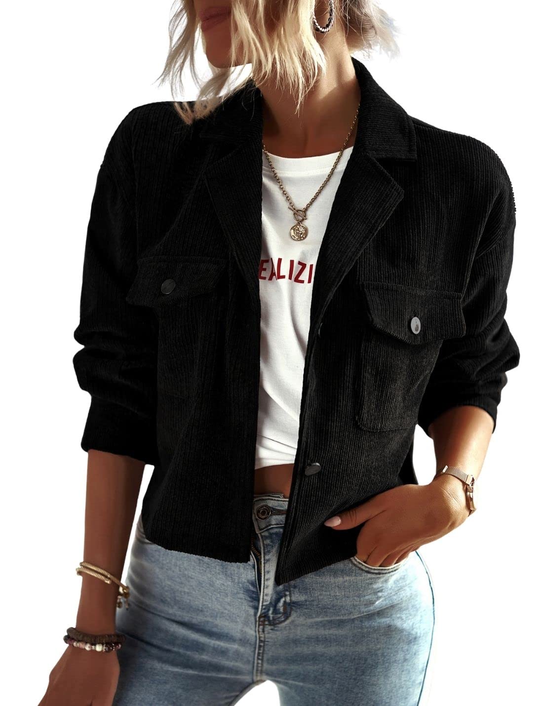 Kwoki Women's Corduroy Jackets Casual Button Down Cropped Shacket Fashion Trendy Crop Top Blazers