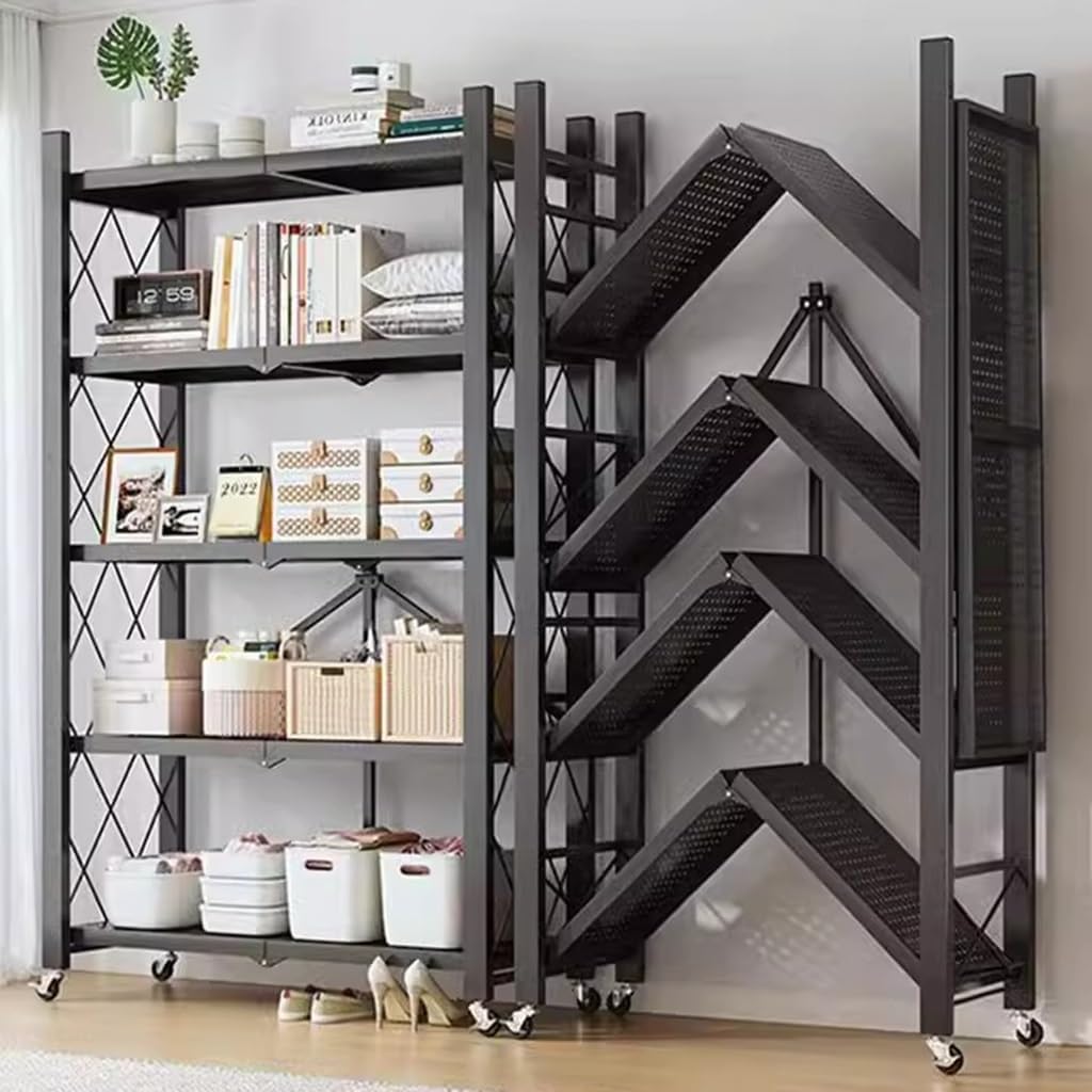Scaffalatura in metallo resistente, scaffale pieghevole a 5 ripiani con ruote, ripiani mobili per garage, cucina, casa, ufficio e dispensa