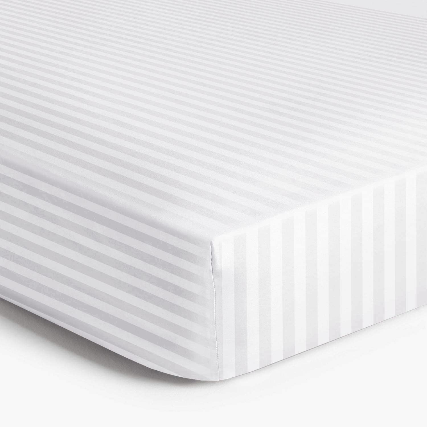 Fitted Sheet King 25cm Soft Brushed Microfiber with Satin Stripes Fade Resistant Easy Care Breathable Bed Sheets (White, King)