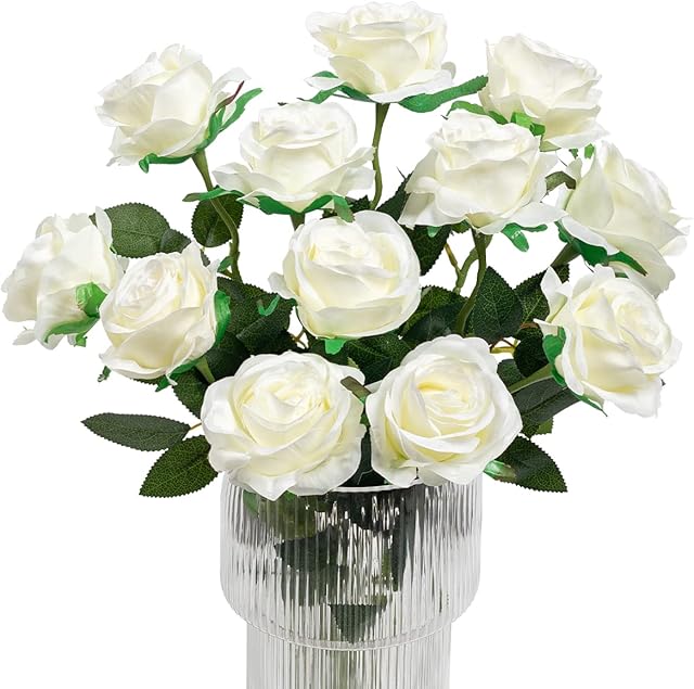 Kisflower 12Pcs Roses Artificial Flowers Realistic Single Stem Flowers Silk Rose Bouquet for Wedding Party Office Home Decor (White)