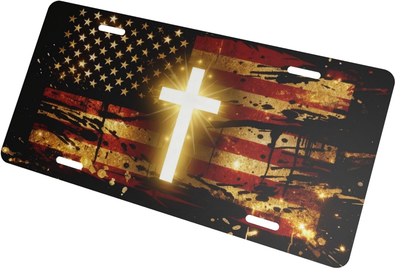 The American Flag Golden Shining Cross Front License Plate Car Decorative License Plates Aluminum Metal Decor Accessory Novelty Vanity Tag Cover with 4 Holes for Men Women 6" X 12"