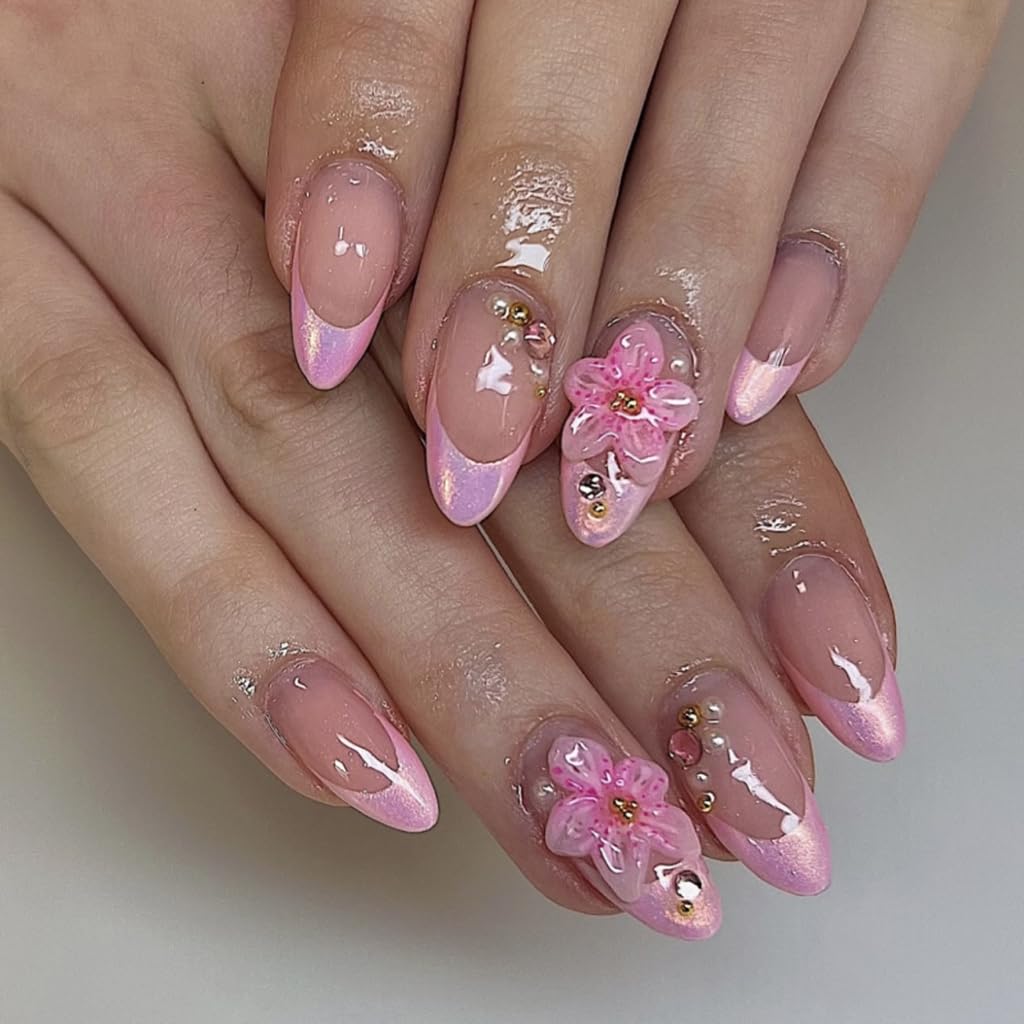 Press On Bogus Stakes Margarite Rose French Manner Short Almond Tips Depth Floral Art Denial Tools Needed Reusable ABS
