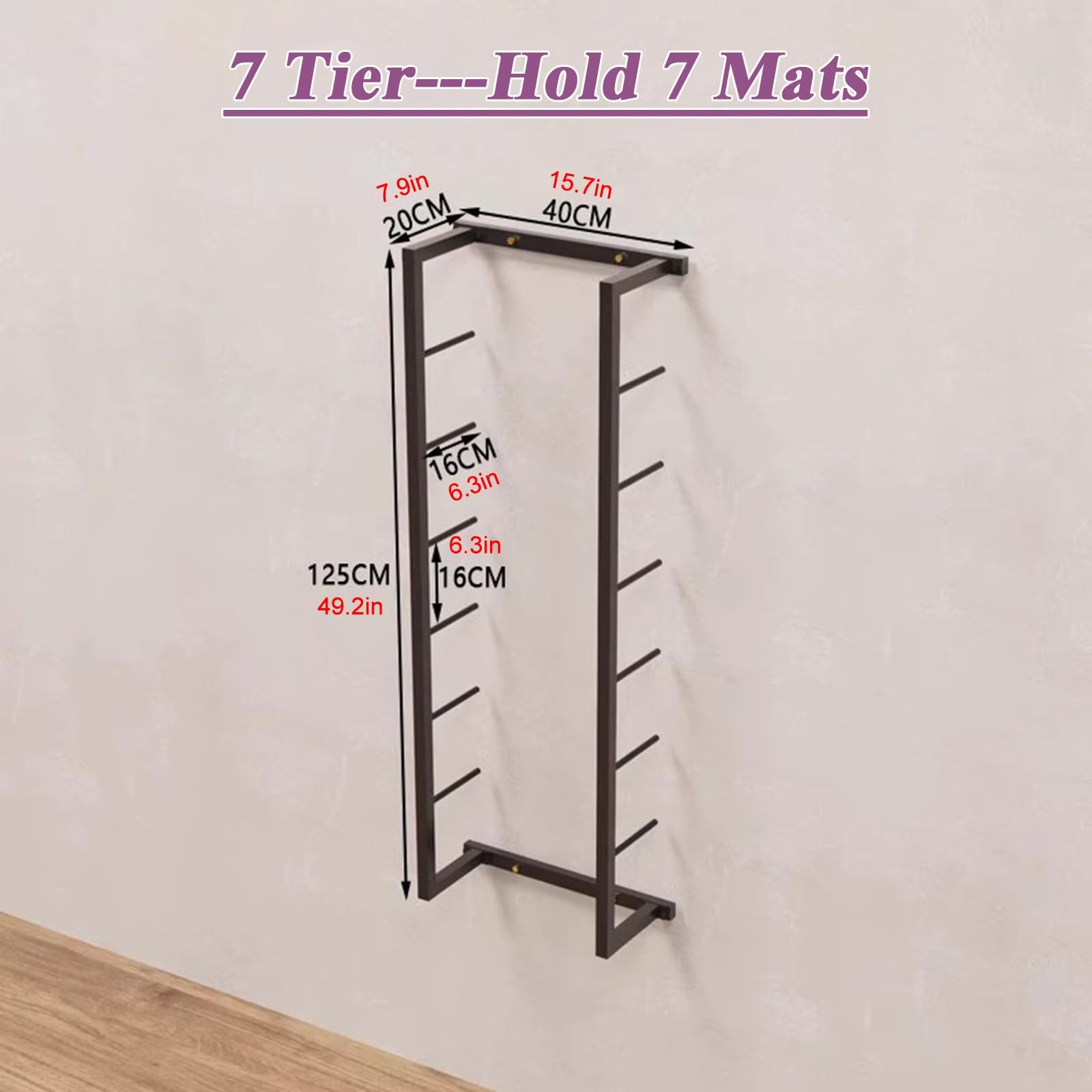 Soporte para Esterilla de Yoga, Resistente Soporte de Pared Negro para Esterilla de Yoga, Estante de Almacenamiento de 7 Niveles para Rodillos de Espuma y esterillas de Ejercicio, Ideal para