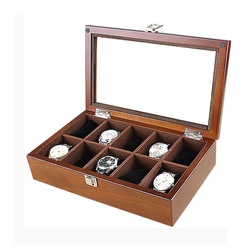 ANVLOJRIH Exquisite Wooden Watch Box - Display Stand/Box Set/Storage Box for Jewelry Watches - 10 Grids Watch Display Box With Glass Lid (Color : Walnut color)