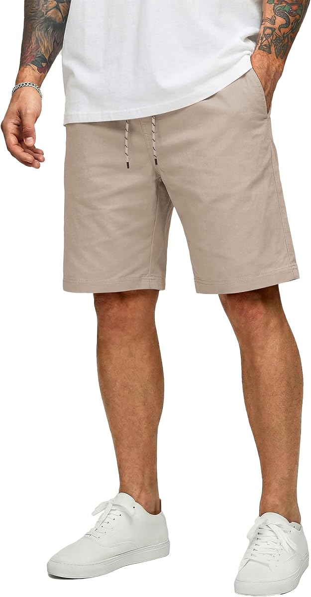 Mens Casual Shorts Cotton Drawstring 9 inch Chino Shorts Stretch Elastic Waist Summer Beach Golf Shorts