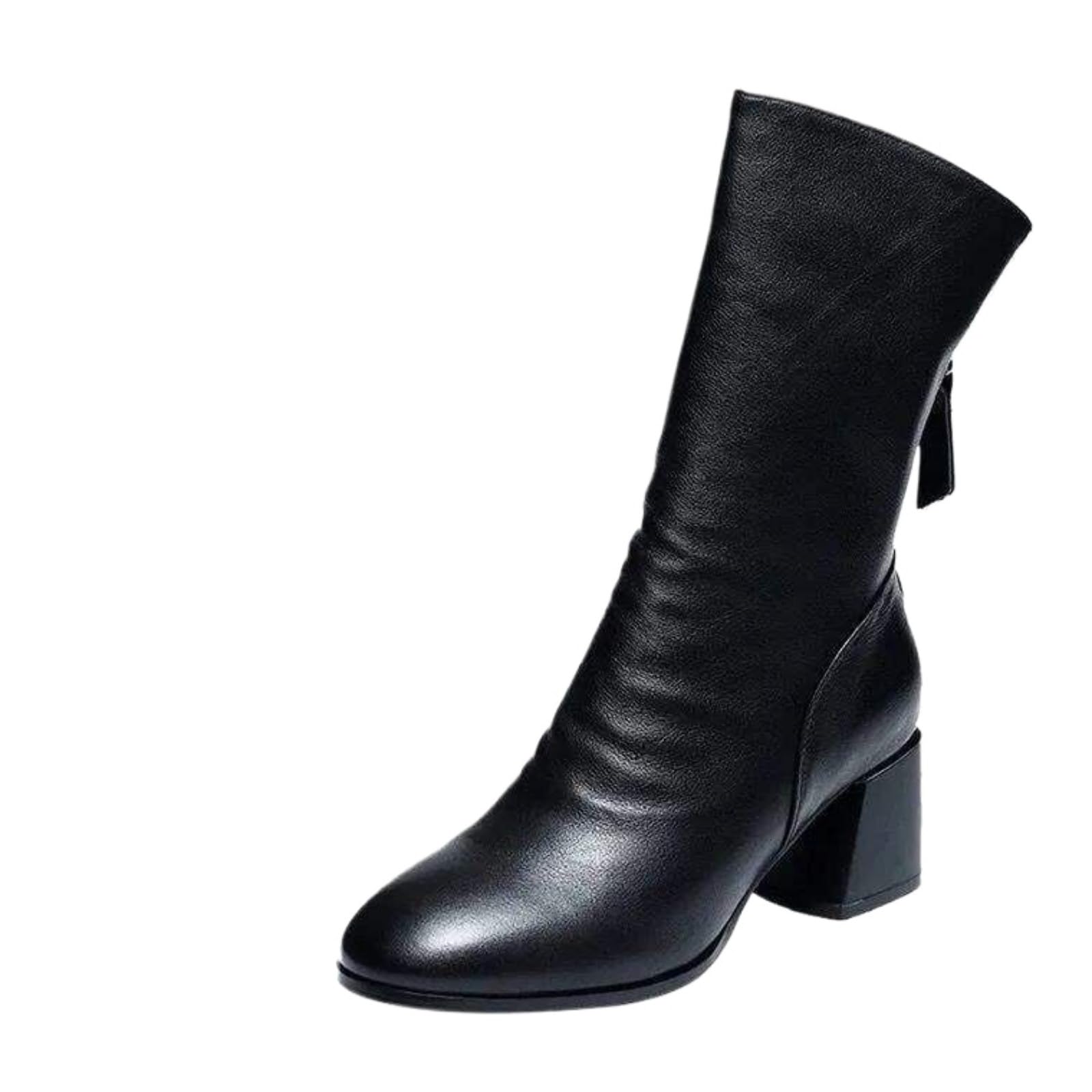 Womens Heeled Ankle Boots Mid-Calf Winter Warm Booties Rear Zipper Slip-On Shoes with Faux Fur Commuter Style Footwear