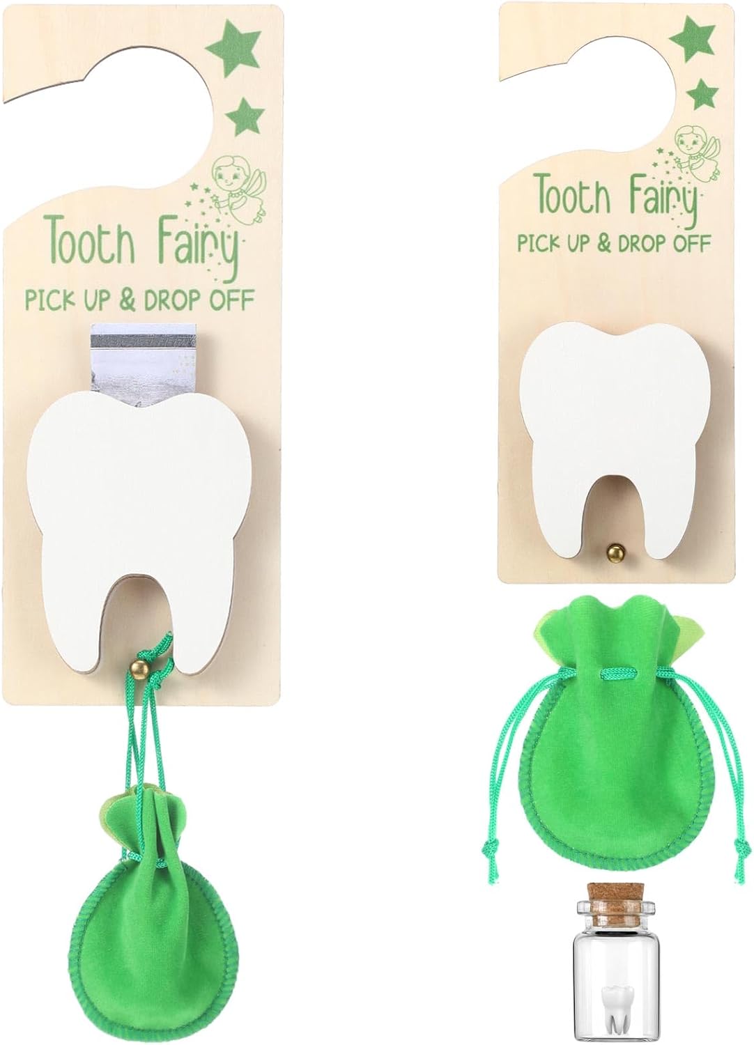 DoubleFill Tooth Fairy Gift Holder Bag Door Hanger Tooth Fairy Kit Stores Lost Teeth Keepsake Box Easter Gift World Oral Health Day Gifts for Lost Teeth Boy Girl(Classic,Green)