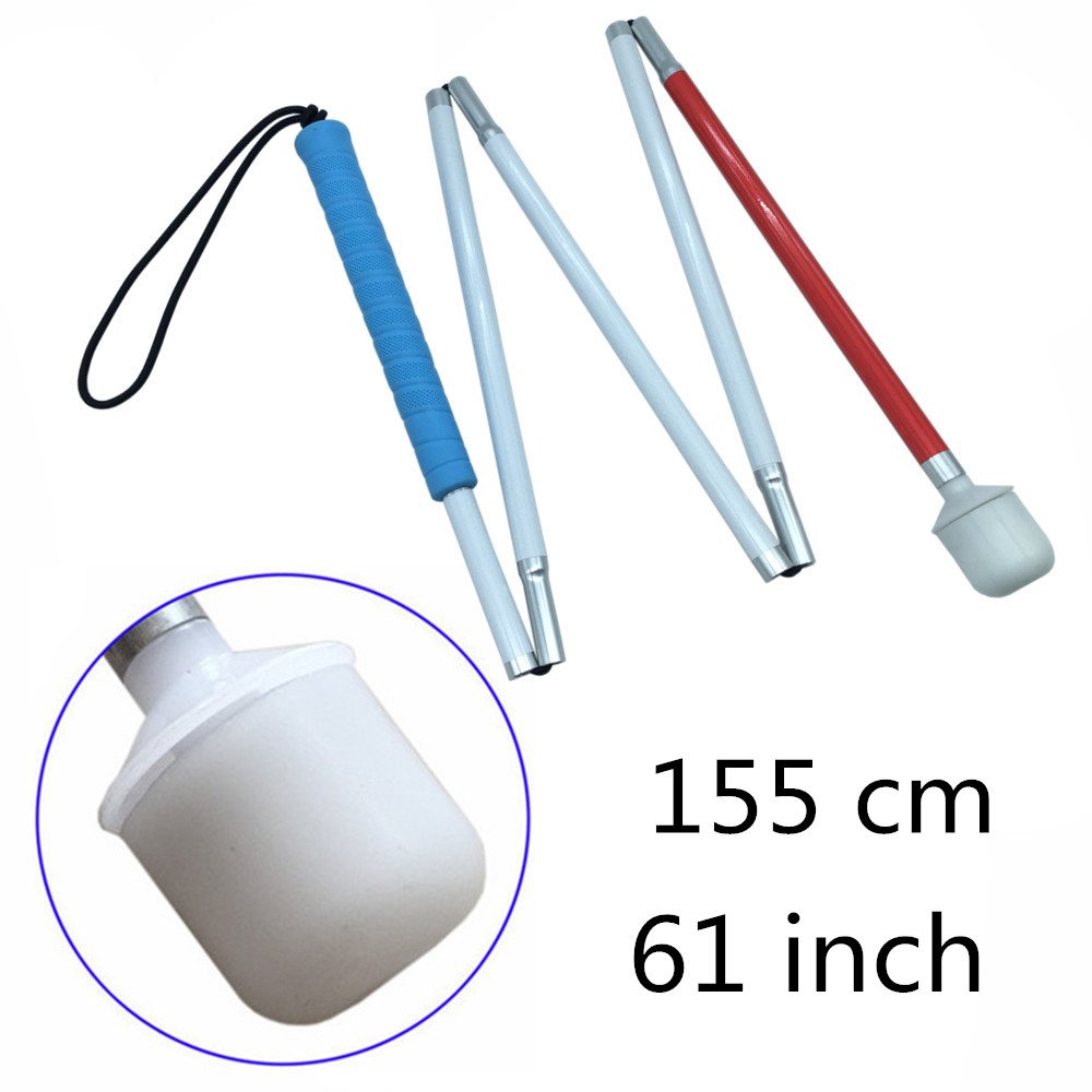 Alluminio Bastone Bianco Pieghevole per Non Vedenti 5 Sezioni e Punta Roller (155 cm (61 Pollici) - Blu Impugnatura)