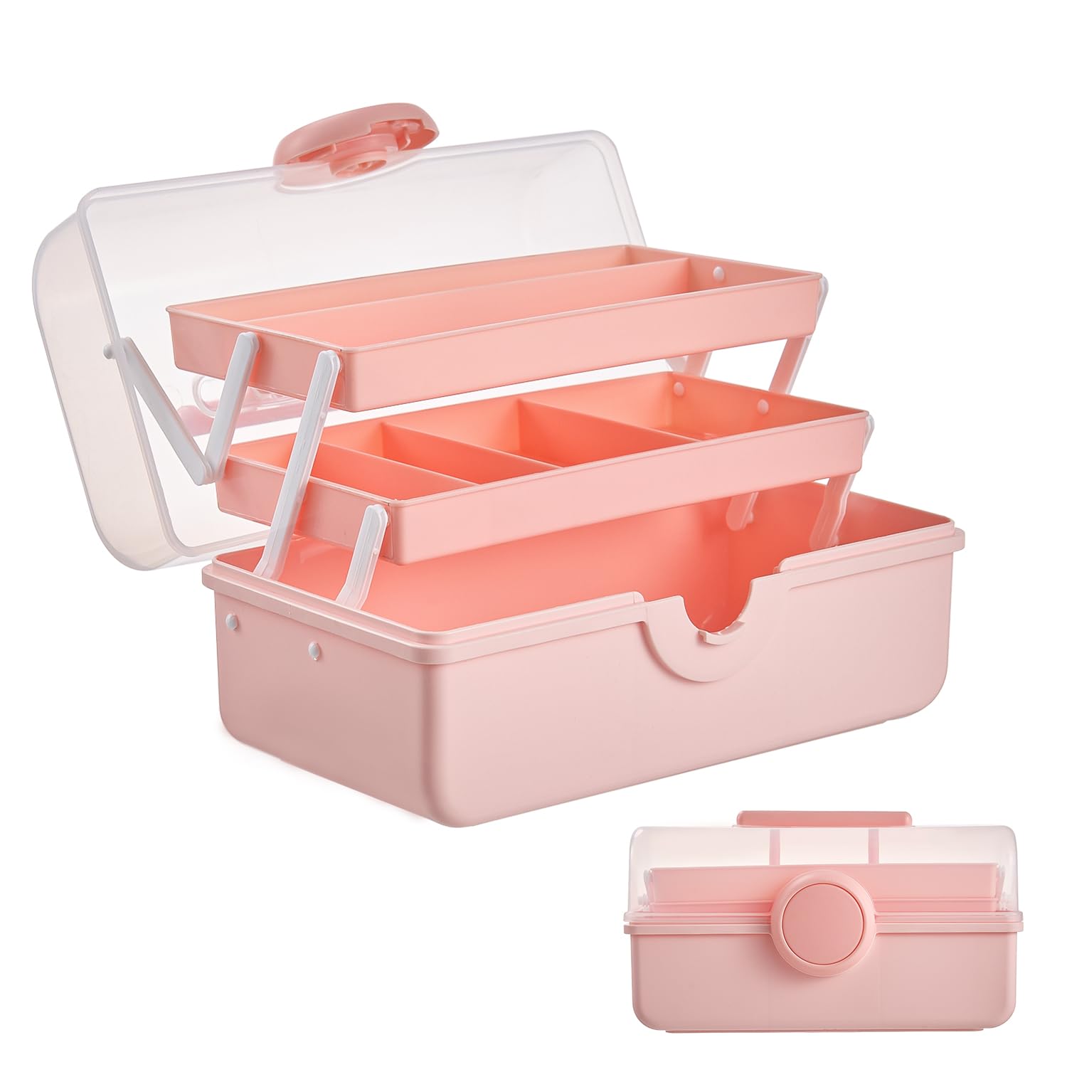 UFORU 3-Layer Craft Organizers and Storage Box, Portable Plastic Tool Box with Handle, Multipurpose for Art Supply, Sewing, Medicine, Pink
