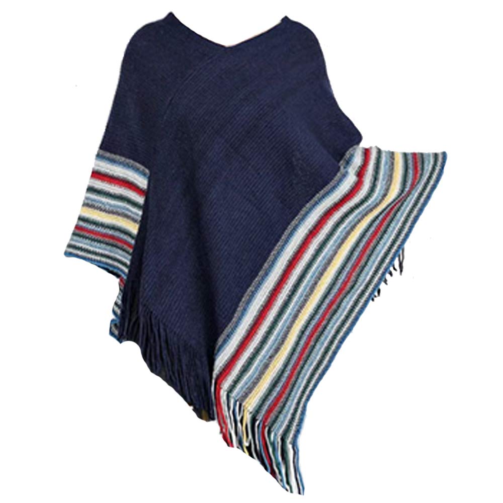Zonfer Women's Navy Pullover Cape Stripe Pattern Cozy Knit Fringed Shawl Wrap Crochet Tassel Poncho For Girls