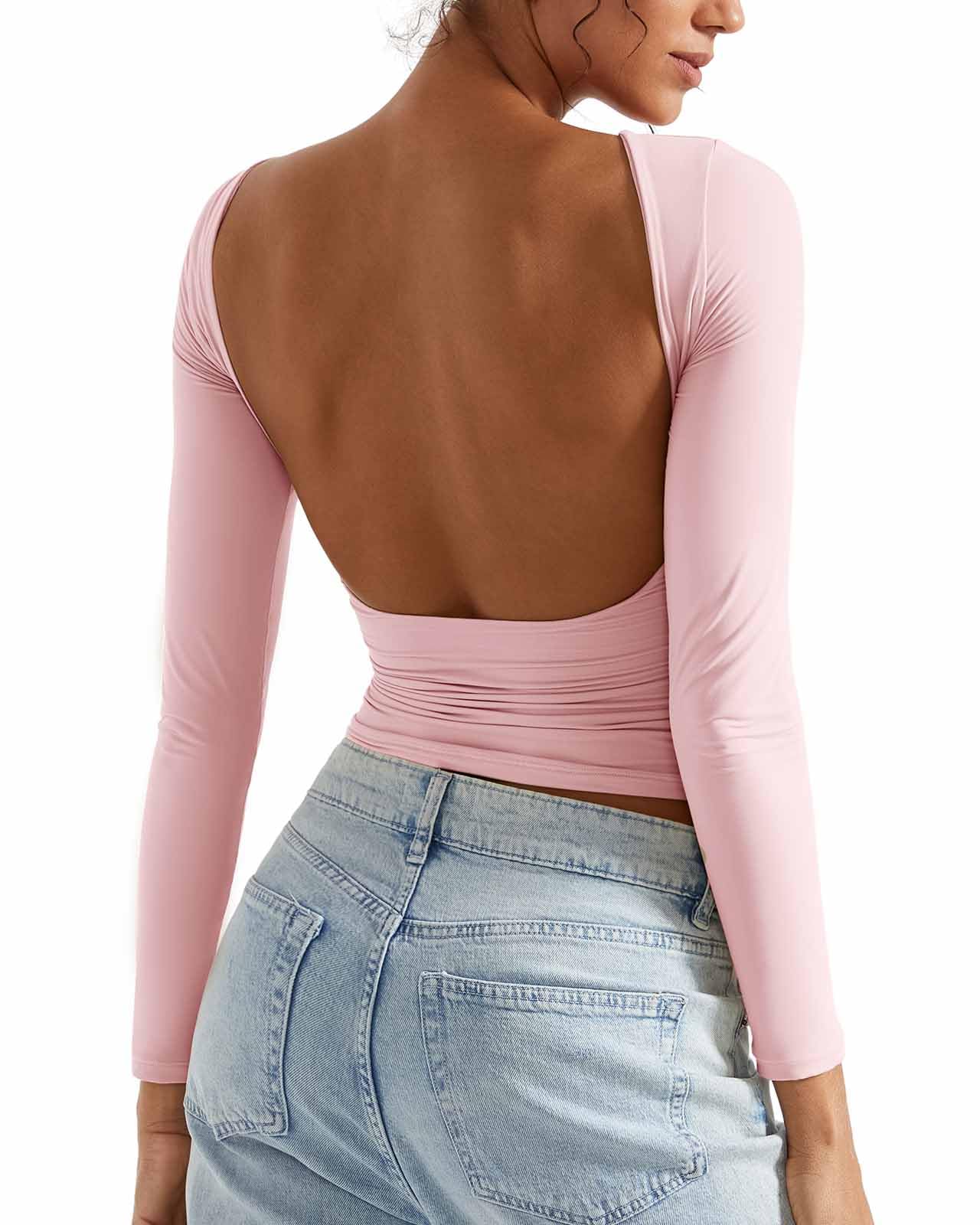 SUUKSESS Women Backless Going Out Tops Double Lined Open Back Basic Long Sleeve
