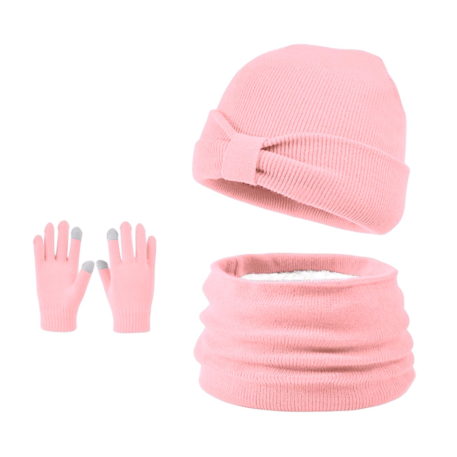 Enwokran 3 Stück Kinder Wintermützen Handschuhe Schal Set Beanie Mütze Knoten-Bogen Warme Gestrickte Touchscreen-Handschuhe Loop Schlauchschal für Jungen Mädchen 3-8 Jahre Outdoor Aktivitäten