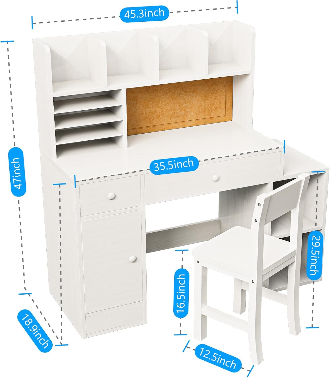 Wooden White Kids Study Desk and Chair Set, 2 Drawers and 4 Storage Cabinets, Children Desk with Hutch and Shelves, Girls Study Desk for Kids Bedroom