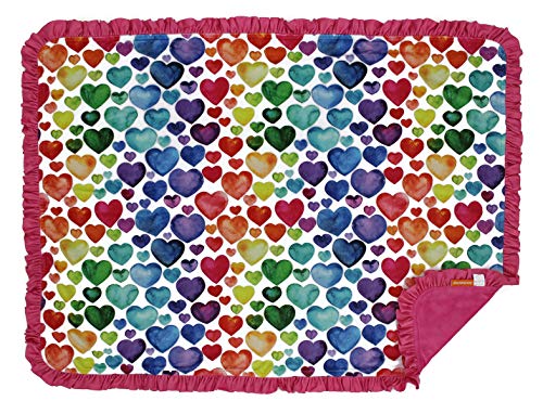 Dear Baby Gear Deluxe Baby Blanket, Double Layer Minky, Watercolor Rainbow Hearts, Hot Pink Minky Smooth, Hot Pink Ruffle, 43 x 33 Inches