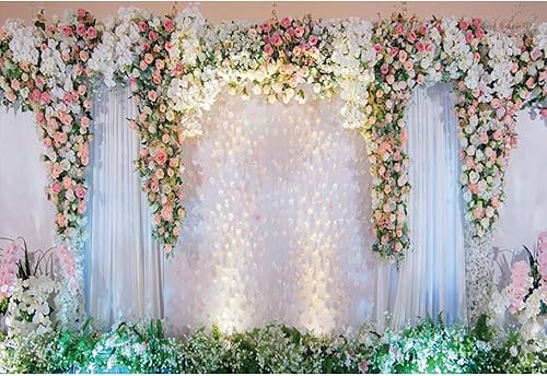 Miniatura 4 de Telón de fondo floral de boda de 10 x 8 pies, cortina de escenario blanco de rosa rosa para fotografía de despedida de soltera, boda, fiesta,