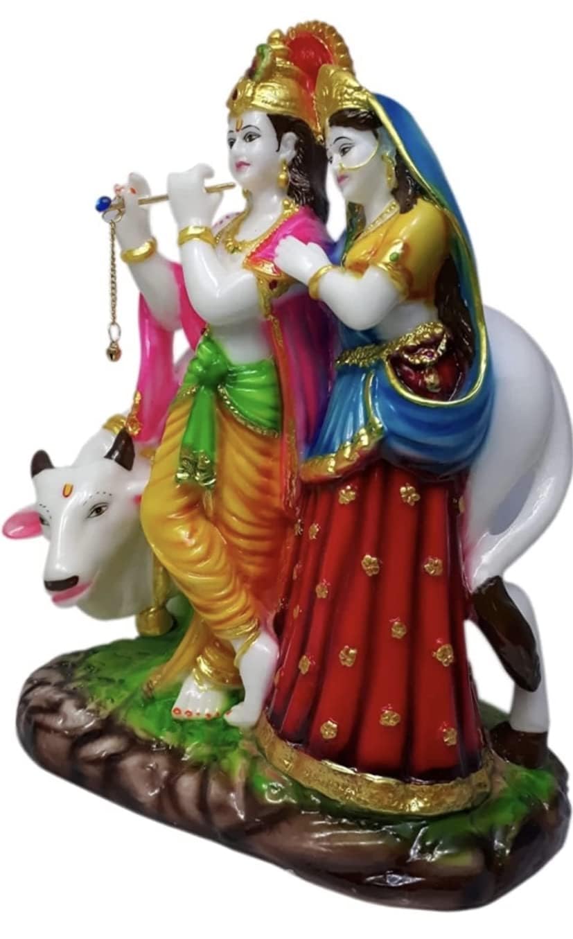 KRISHNAGALLERY1 Marble Look Cow Radha Krishna Murti Radhe Shyam Krishna Jugal Jodi With Cow Murti Statue Idol For Pooja Room Gifted Piece Office Decor Idol 11 Inches, Fantasy, Multicolor 1