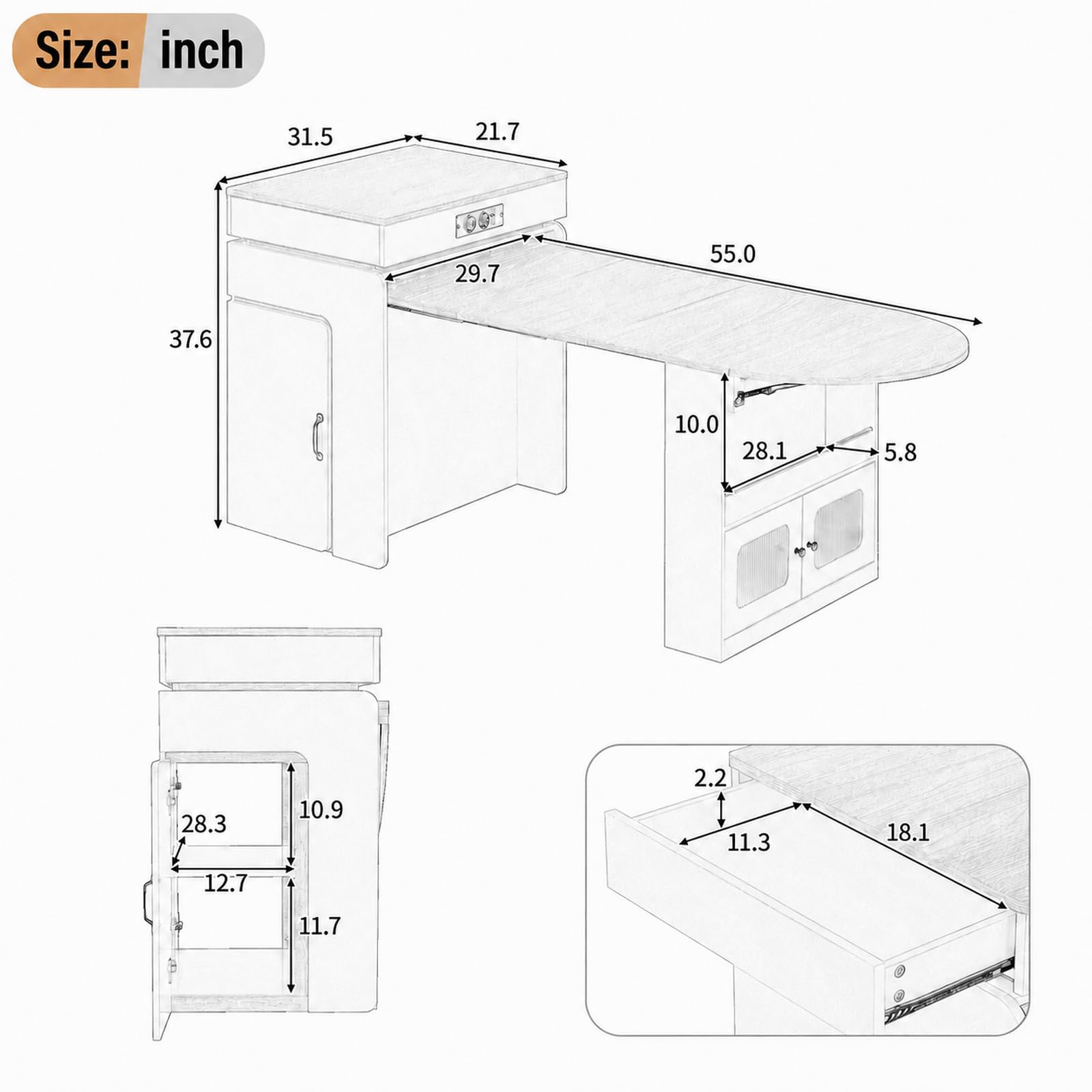 Isola da cucina con ruote, tavolo da pranzo allungabile, credenza con cassetti, credenza o tavolo da bar per cucina e sala da pranzo, nero