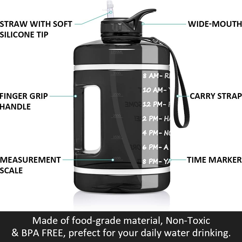 1 Gallon Water Bottle with Time Marker & Straw - 128 oz BPA Free Reusable Large Motivational Fitness Sports Water Bottle Leakproof Big Plastic Gym Water Jug for Biking, Running, Workout