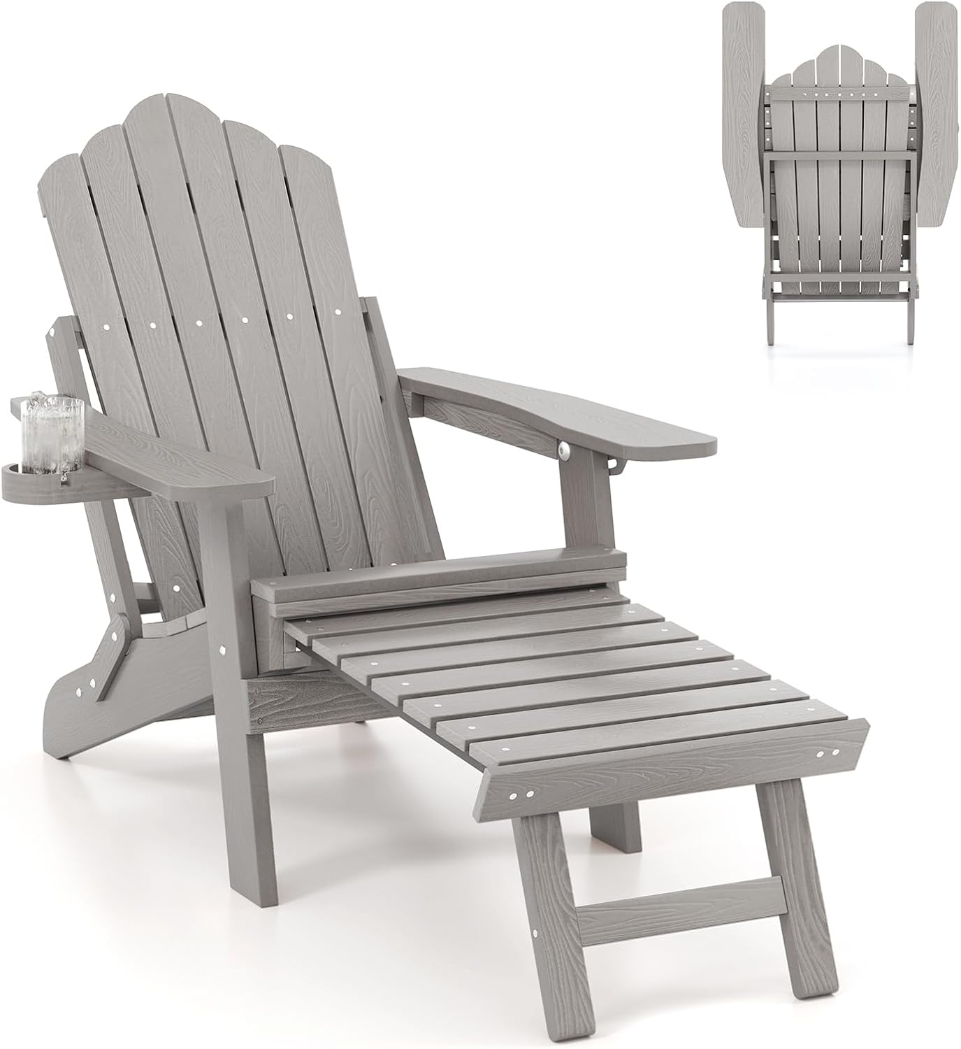 ORALNER Folding Adirondack Chairs with Adjustable Backrest, Retractable Ottoman, Cup Holder, HIPS Plastic Resin Outdoor Lounger for Patio, Deck, Yard, Porch, Fire Pit, Poolside, Lawn (1, Gray)