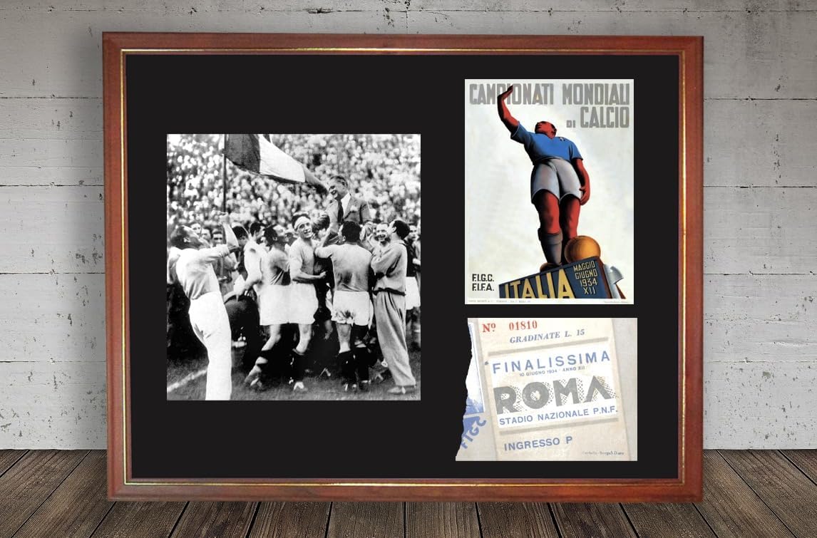 1934 World Cup Italy Champions Framed Wall Art, Historic Soccer Photo Poster with Final Ticket Reproduction, 13x17 Inch Display