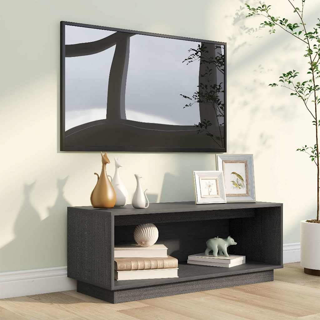 Szafka TV szara z litego drewna sosnowego, 90 x 35 x 35 cm, z miejscem do przechowywania i ruchomym wzorem, do salonu, sypialni, nowoczesna szafka z półką, szufladą i półką na soundbar i do