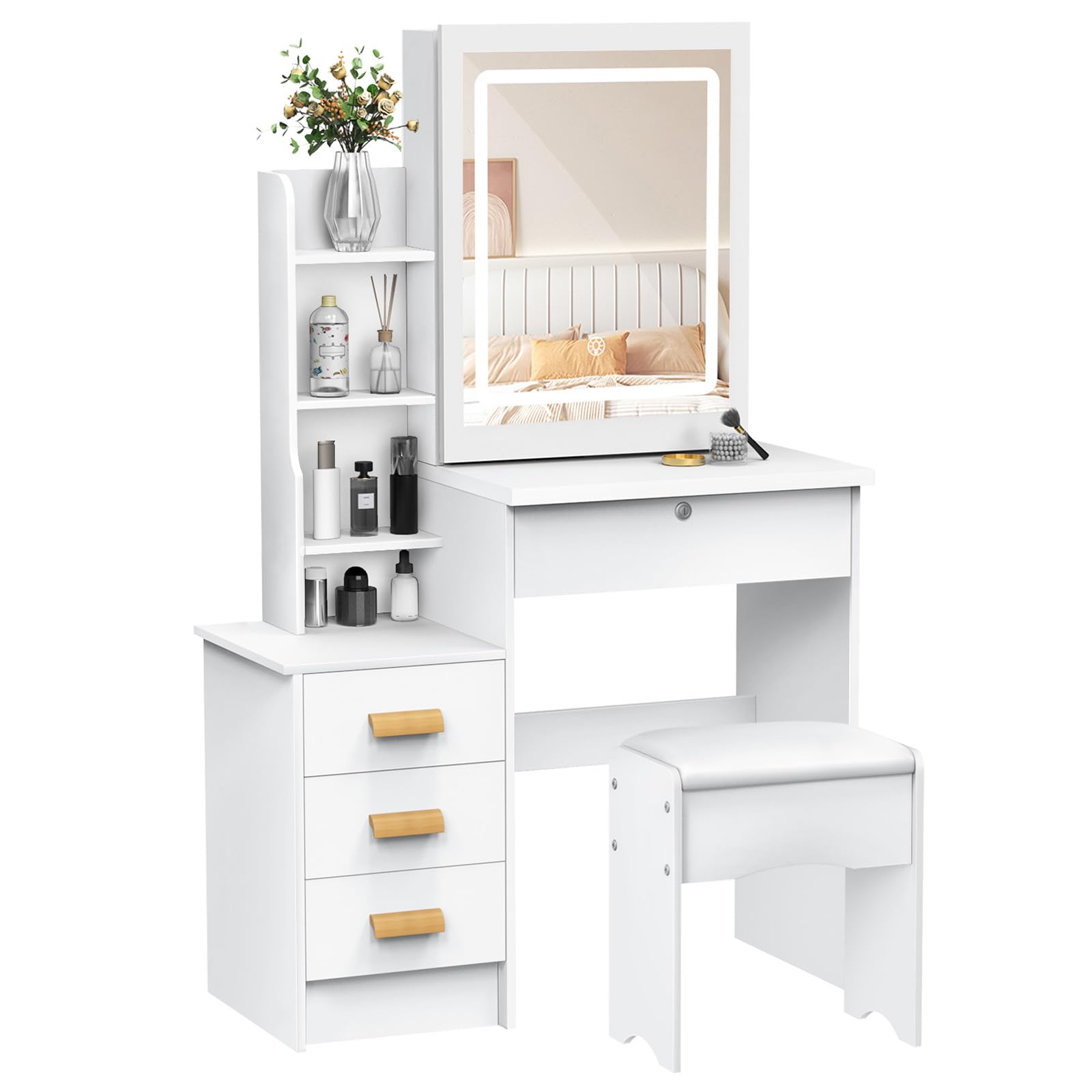 【UK Shipped】 Dressing Table with LED Lights and Adjustable Brightness, Vanity Desk with Mirror, 4 Drawers, 6 Hidden Shelves and Stool,Makeup Desk for Bedroom, Modern Makeup Table with Mirror and Chair