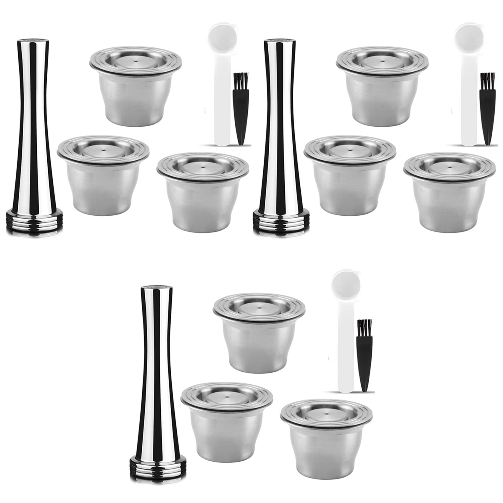 Hndhbfgrt Capsules Reusable, Stainless Steel, 9 Pieces Refillable Pads for + 3 Tamper + 3 Spoon + 3 Brush